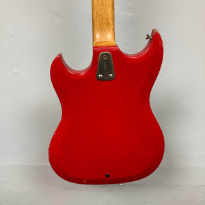 Hagstrom HII-B Mid-1960s Red Medium-Scale Bass, rear view showing double-cutaway design, neck heel, and vintage wear on edges.