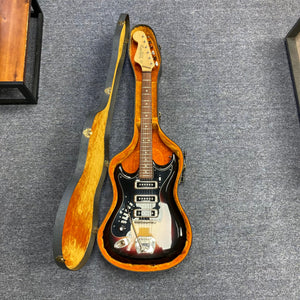 Hagstrom III Left Hand 1960s Sunburst Electric Guitar in case, featuring vintage-inspired design and three single-coil pickups for versatile tones.