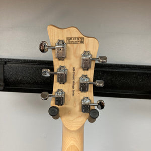 Harley Benton MR-Classic Vintage Metallic Blue Gloss Electric Guitar close-up, showcasing its detailed construction and high-quality components.