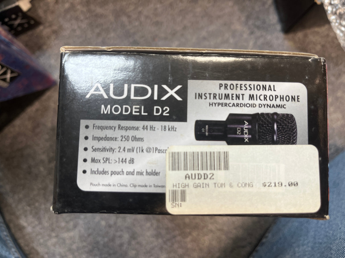 Box for Audix D2 Hypercardioid Dynamic Instrument Microphone (Preowned) by Audix, featuring professional specs and priced at $219.00.