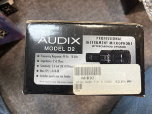Box for Audix D2 Hypercardioid Dynamic Instrument Microphone (Preowned) by Audix, featuring professional specs and priced at $219.00.