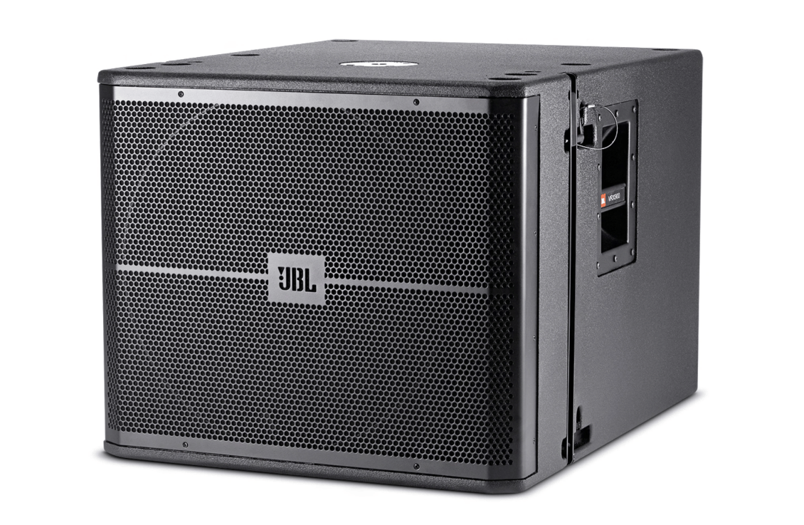 The JBL Professional VRX918S Loudspeaker System is a black subwoofer with a metal grille, side handles, and the JBL logo on the front, designed for powerful live sound reinforcement.