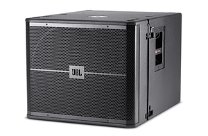 The JBL Professional VRX918S Loudspeaker System is a black subwoofer with a metal grille, side handles, and the JBL logo on the front, designed for powerful live sound reinforcement.