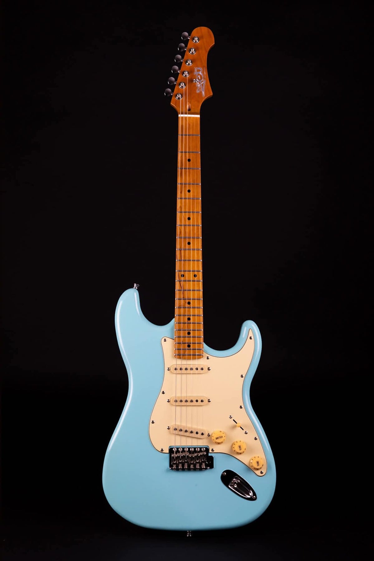JET JS-300 Strat Style electric guitar showcasing a roasted maple neck and tremolo bridge, highlighting its versatile playability and classic-modern tone blend.
