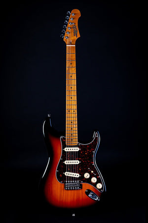 JET JS-300 Strat Style electric guitar showcasing its sleek design, featuring a Canadian roasted maple neck and basswood body, ideal for versatile playing.