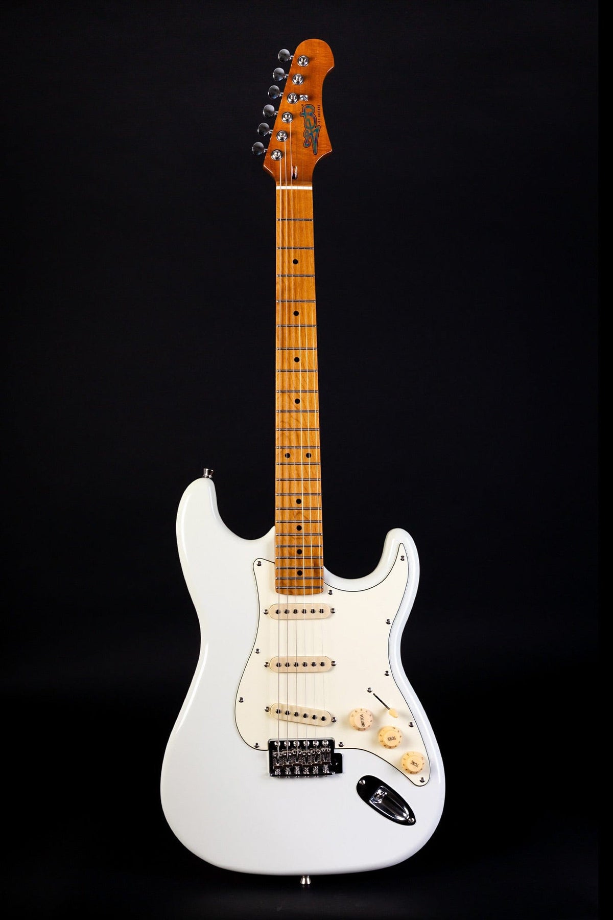 JET JS-300 Strat Style electric guitar with a white body, featuring roasted maple neck and SSS ceramic pickups for versatile tones and modern playability.