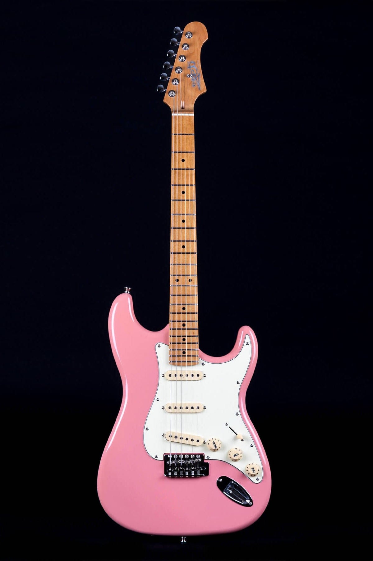 JET JS-300 Strat Style electric guitar featuring a pink and white finish, modern neck design, and versatile pickup configuration for diverse sound possibilities.