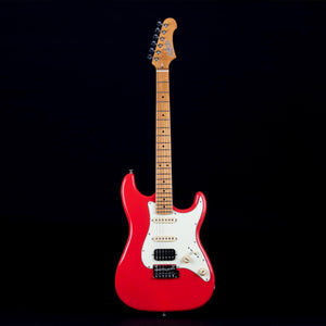Jet JS-400 electric guitar with red and white design, featuring a Canadian roasted maple neck and HSS pickup configuration for versatile tones.