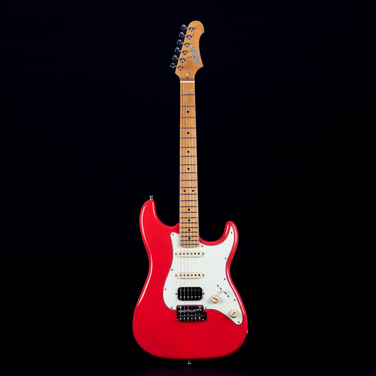 JET-400 Series electric guitar with red and white finish, features a Canadian roasted maple neck and HSS pickup configuration.
