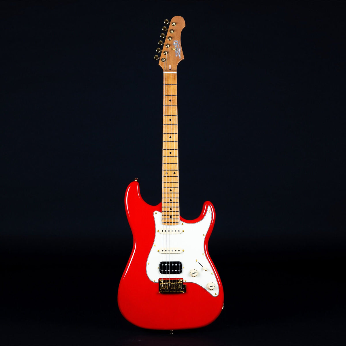 Jet JS-400 electric guitar, red and white, featuring a Canadian roasted maple neck and HSS pickup configuration for versatile tones. Suitable for various playing styles.