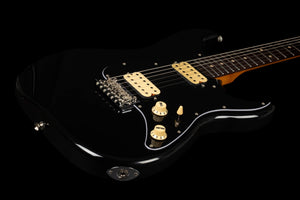 The Jet JS-400 BKR H by Jet is a black electric guitar distinguished by its cream-colored pickups, control knobs, and chrome bridge, making it stand out against a black background. Equipped with dual ceramic HH pickups, this guitar offers modern playability designed for both style and performance.