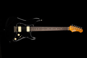 The Jet JS-400 BKR H electric guitar by Jet features a wooden headstock, six strings, dual ceramic HH pickups, control knobs, and a black pickguard for modern playability. It is shown against a black background.