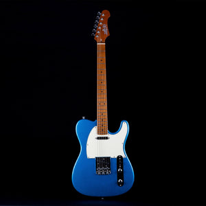 Jet JT-300 guitar with a blue and white finish, featuring a Canadian roasted maple neck and chrome hardware, ideal for versatile sound and comfortable play.