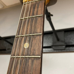 Close-up of Kingston Semi-Hollowbody 1960s Vintage Burst guitar neck and strings, showcasing its intricate craftsmanship and vintage design.