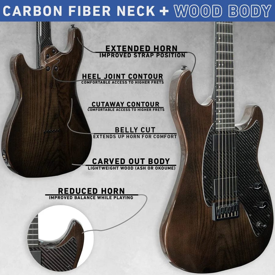 KLOS Apollo Pro Electric Guitar Dark Brown with carbon fiber neck and Ash body, featuring custom humbuckers and locking tuners for enhanced performance.