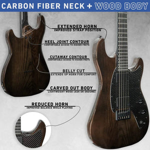 KLOS Apollo Pro Electric Guitar Dark Brown with carbon fiber neck and Ash body, featuring custom humbuckers and locking tuners for enhanced performance.