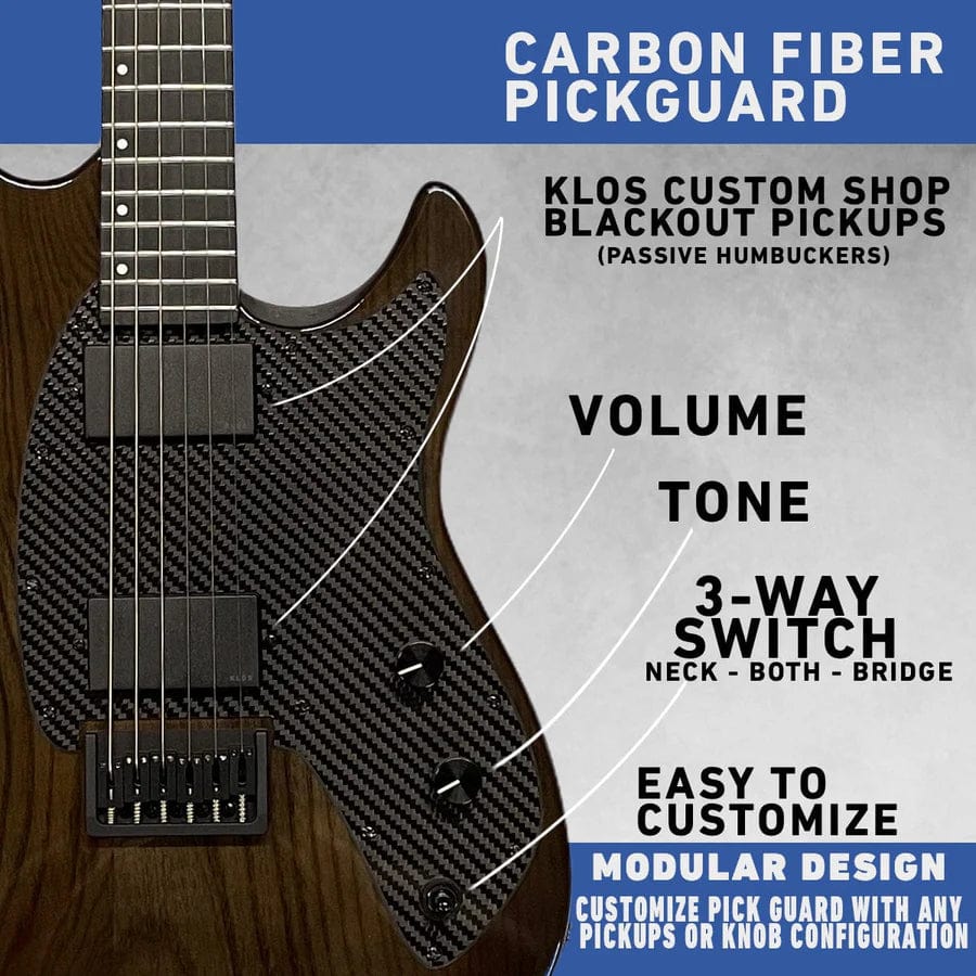 Close-up of the KLOS Apollo Pro Electric Guitar featuring a carbon fiber neck and ash body, highlighting its innovative design and craftsmanship.
