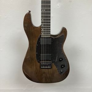 KLOS Apollo Pro Electric Guitar Dark Brown with carbon fiber neck, Ash body, and custom humbuckers, showcasing innovative design and craftsmanship.