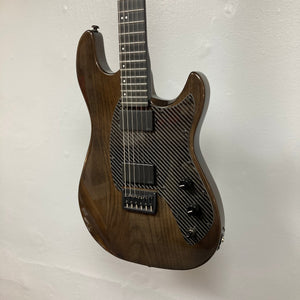 KLOS Apollo Pro Electric Guitar Dark Brown with an Ash body and carbon fiber neck, highlighted against a white wall, showcasing modern craftsmanship.