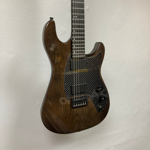 KLOS Apollo Pro Electric Guitar Dark Brown with carbon fiber neck and ash body, showcasing modern design and innovative craftsmanship against a white wall.