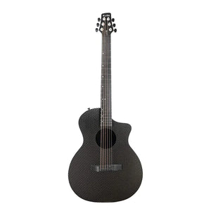 A full view of the Klos KLOS Full Carbon Grand Cutaway Mini DAE w/Fishman Presys VT, a black six-string travel acoustic guitar with a cutaway body, shown against a white background.
