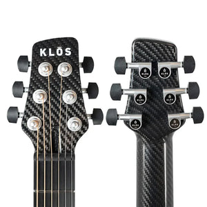 Front and back views of the Klos Full Carbon Grand Cutaway Mini DAE w/Fishman Presys VT headstock, showing six tuning pegs and the "Klos" brand name.
