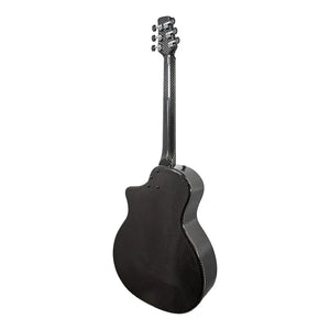 The Klos Full Carbon Grand Cutaway Mini DAE w/Fishman Presys VT travel guitar by Klos is shown from the back, highlighting its smooth, glossy finish and distinctive carbon fiber texture.