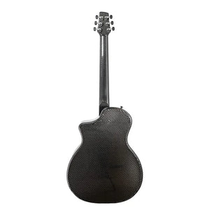 A back view of the KLOS Full Carbon Grand Cutaway Mini DAE w/Fishman Presys VT by Klos, featuring tuning pegs, a textured carbon fiber surface, and a sleek finish.