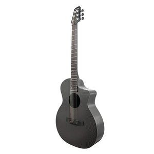 The Klos Full Carbon Grand Cutaway Mini DAE w/Fishman Presys VT, a black carbon fiber travel guitar with six strings and a glossy finish, stands upright against a white background.