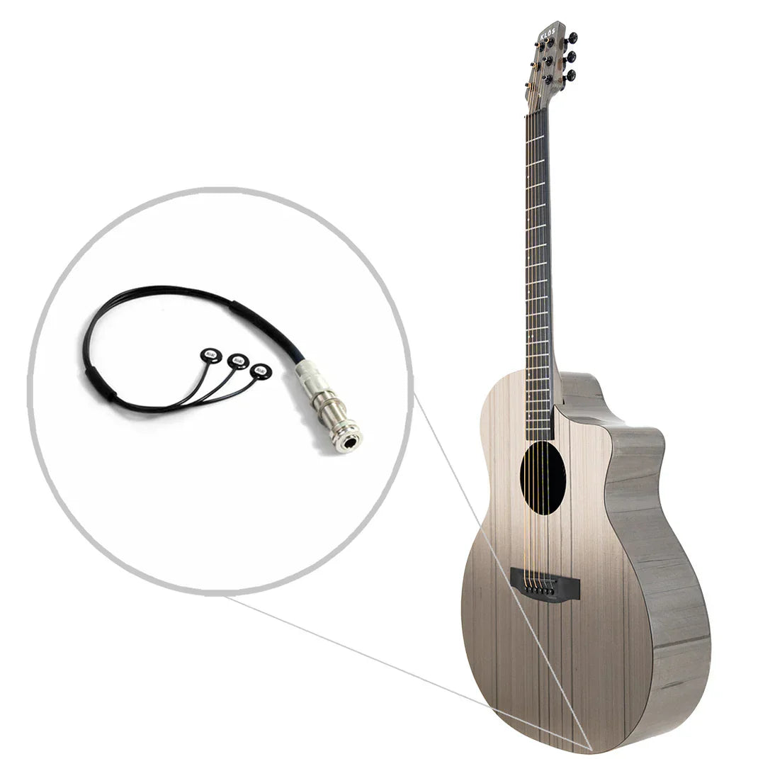 A full-length view of the Klos Grand Cutaway Carbon Timber w/K&K PUP, a Grand Auditorium guitar by Klos featuring a cutaway body, six tuning pegs, circular sound hole, light finish with dark stripes, and renowned for its resonant sound. A full-length view of the Klos Grand Cutaway Carbon Timber w/K&K PUP, a Grand Auditorium guitar by Klos featuring a cutaway body, six tuning pegs, circular sound hole, light finish with dark stripes, and renowned for its resonant sound.