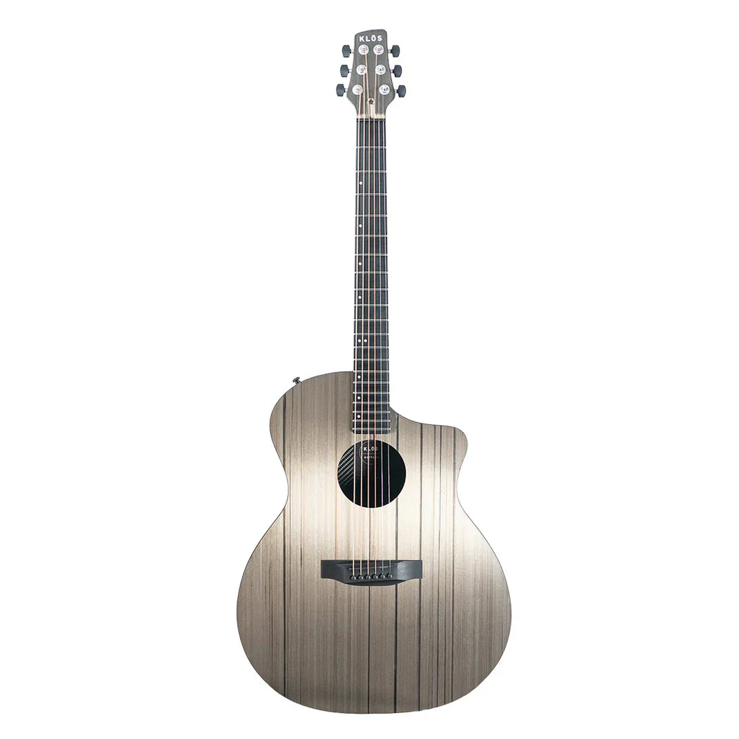 A full-length view of the Klos Grand Cutaway Carbon Timber w/K&K PUP, a Grand Auditorium guitar by Klos featuring a cutaway body, six tuning pegs, circular sound hole, light finish with dark stripes, and renowned for its resonant sound. A full-length view of the Klos Grand Cutaway Carbon Timber w/K&K PUP, a Grand Auditorium guitar by Klos featuring a cutaway body, six tuning pegs, circular sound hole, light finish with dark stripes, and renowned for its resonant sound.