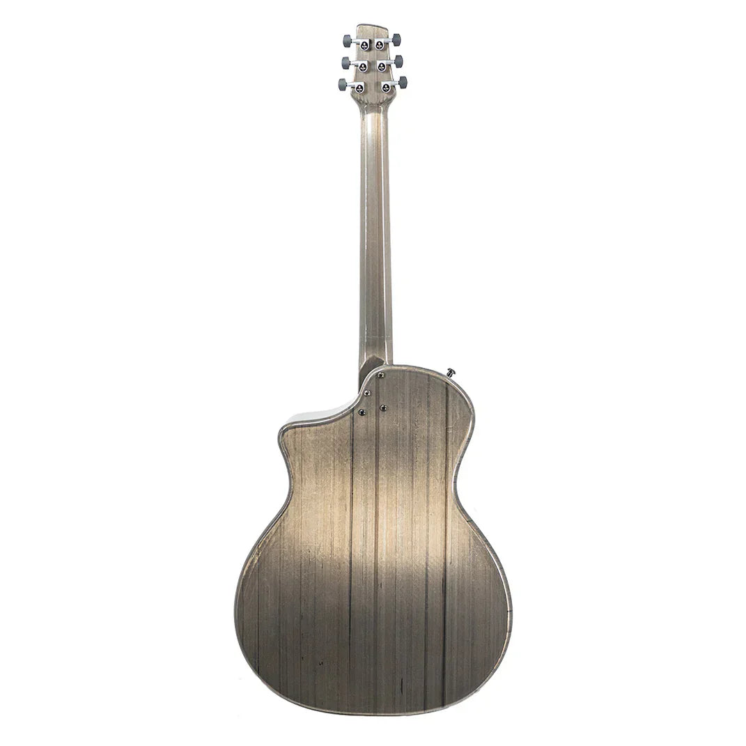 The image displays the back of the Klos Grand Cutaway Carbon Timber w/K&K PUP acoustic guitar, highlighting its cutaway design, wood grain finish, and six tuning pegs on the headstock.
