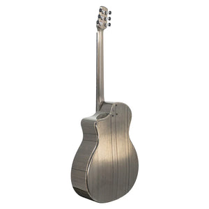 Back view of the Klos Grand Cutaway Carbon Timber w/K&K PUP guitar, featuring a metallic silver finish, visible neck and tuning pegs, and a smooth, reflective carbon body—standing upright against a white background.
