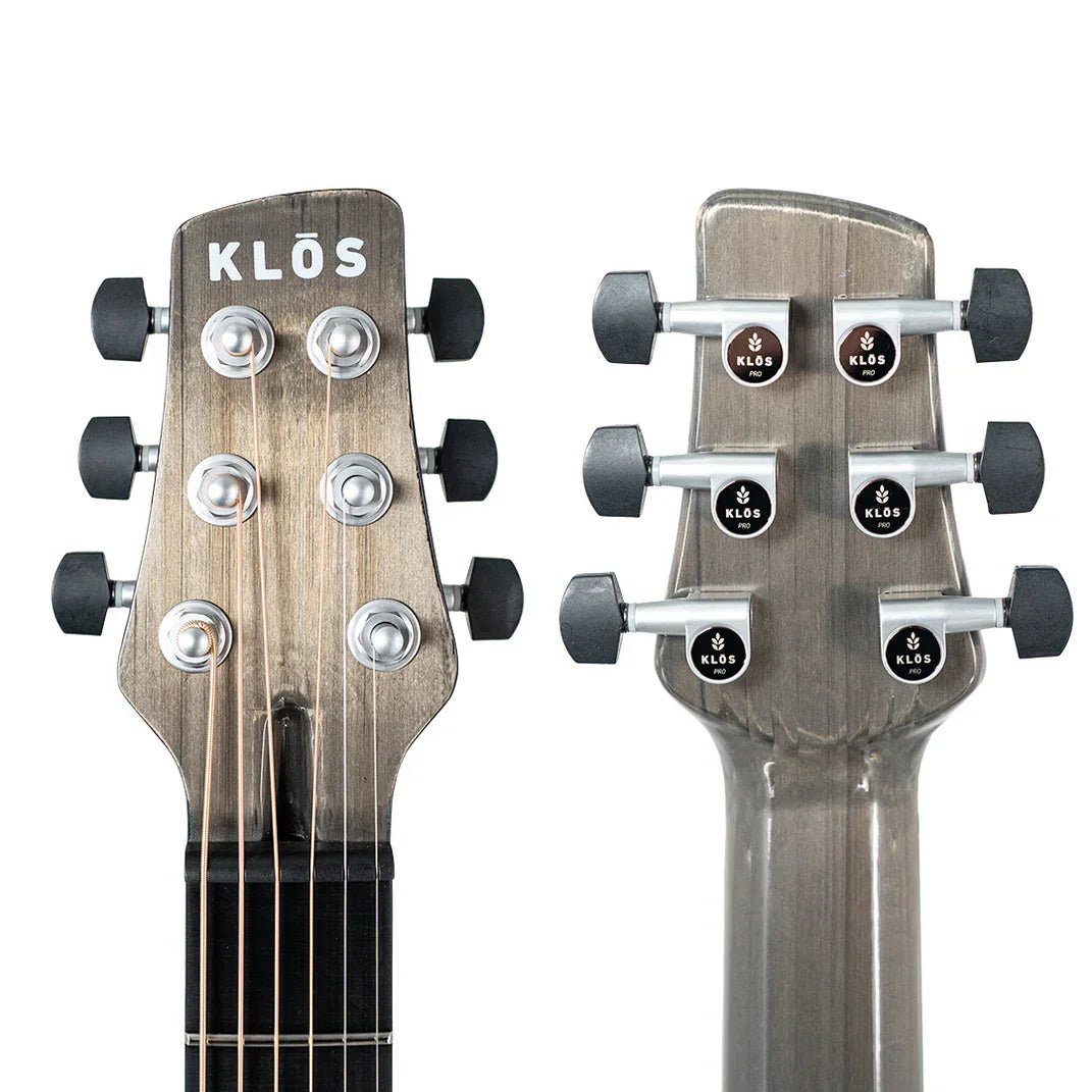 Front and back views of the Klos Grand Cutaway Carbon Timber w/K&K PUP headstock show six tuning pegs, strings, and the Klos logo. The metallic gray finish enhances the guitar’s modern look and complements its resonant tone.