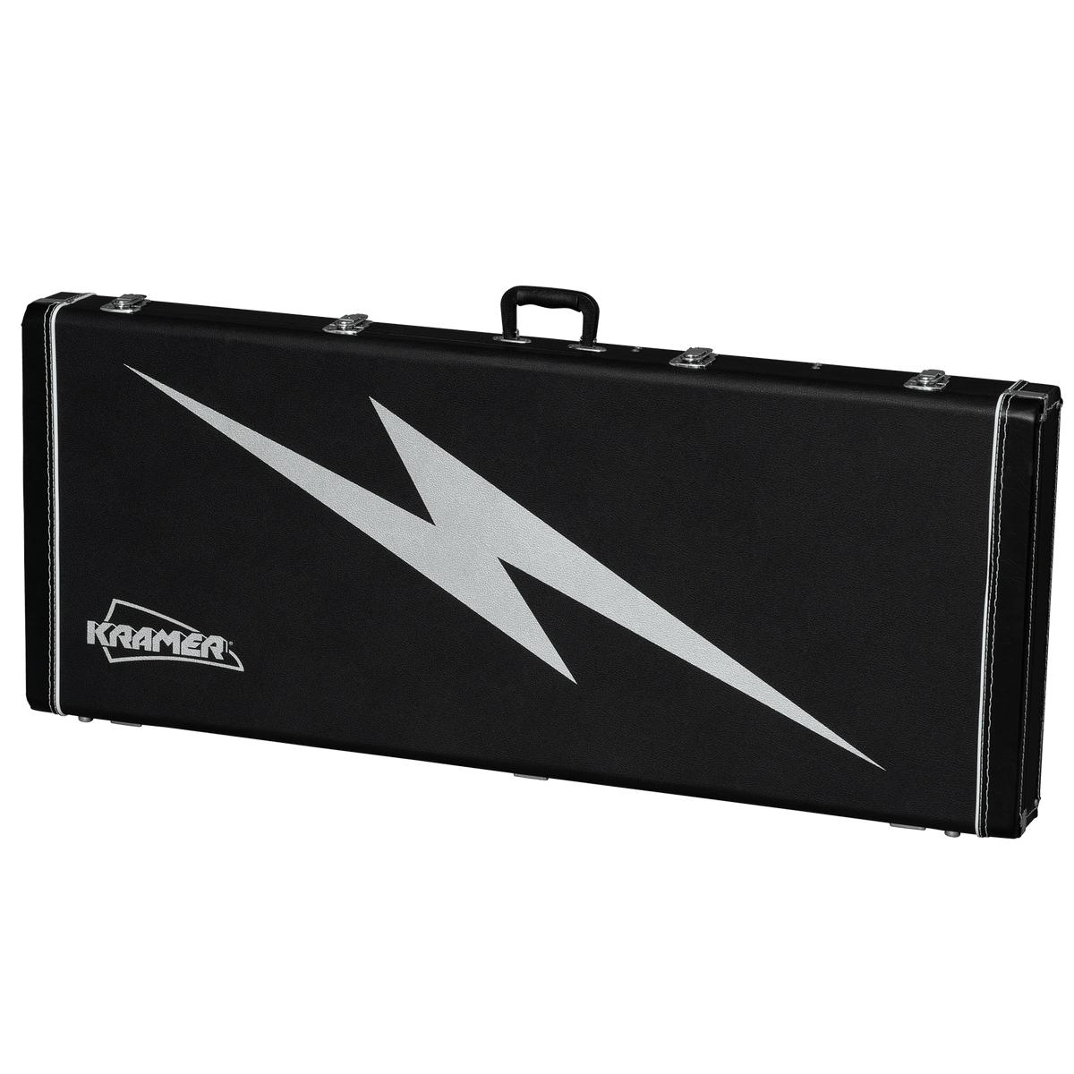 Kramer Lzzy Hale Voyager black briefcase with white lightning bolt, showcasing handle and logo close-up.