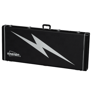 Kramer Lzzy Hale Voyager black briefcase with white lightning bolt, showcasing handle and logo close-up.