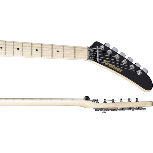 Close-up of the Kramer The 84 electric guitar, showcasing its sleek design, Seymour Duncan JB Humbucker, and Floyd Rose Tremolo system.