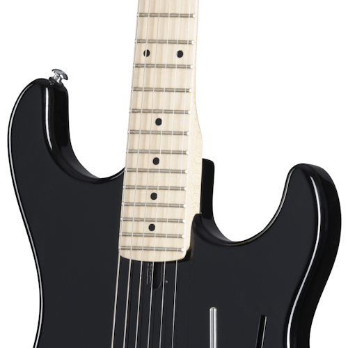 Kramer The 84 EVH D-Tuna Ebony electric guitar with white strings, close-up of guitar neck and body, showcasing signature Seymour Duncan JB Humbucker.
