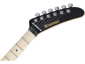 Close-up of the Kramer The 84 electric guitar with Seymour Duncan JB Humbucker and Floyd Rose Tremolo, showcasing its sleek Ebony finish and iconic design.