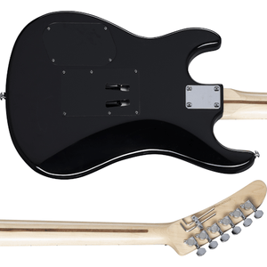 Kramer The 84 EVH D-Tuna Ebony electric guitar with silver accents and sleek design, featuring Seymour Duncan JB Humbucker and Floyd Rose Tremolo.
