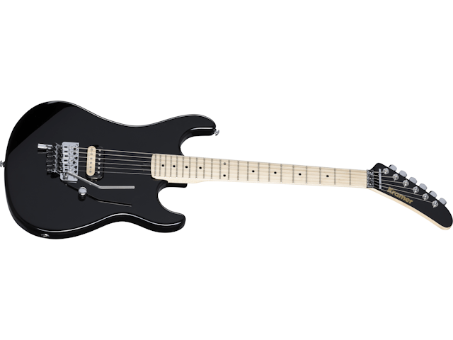 Kramer The 84 EVH D-Tuna Ebony electric guitar with white strings, featuring a sleek design and iconic 80s style.