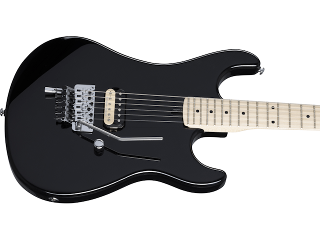 Kramer The 84 EVH D-Tuna Ebony electric guitar with white strings, Seymour Duncan JB Humbucker, and Floyd Rose locking nut and bridge.