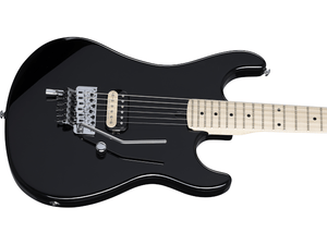 Kramer The 84 EVH D-Tuna Ebony electric guitar with white strings, Seymour Duncan JB Humbucker, and Floyd Rose locking nut and bridge.