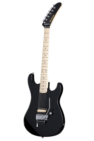 Kramer The 84 EVH D-Tuna Ebony electric guitar with white strings, featuring a Seymour Duncan JB Humbucker and Floyd Rose Tremolo system.