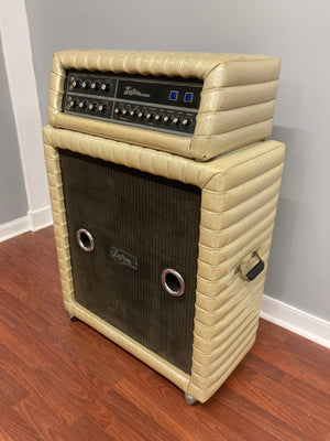 Kustom K250-4 Amp and Speaker Cabinet with gold sparkle tuck and roll design, ideal for musicians and collectors seeking vintage style and powerful sound.