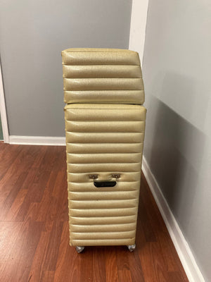 Kustom K250-4 Amp and Speaker Cabinet with gold sparkle tuck and roll design on a wooden floor, perfect for musicians and collectors.