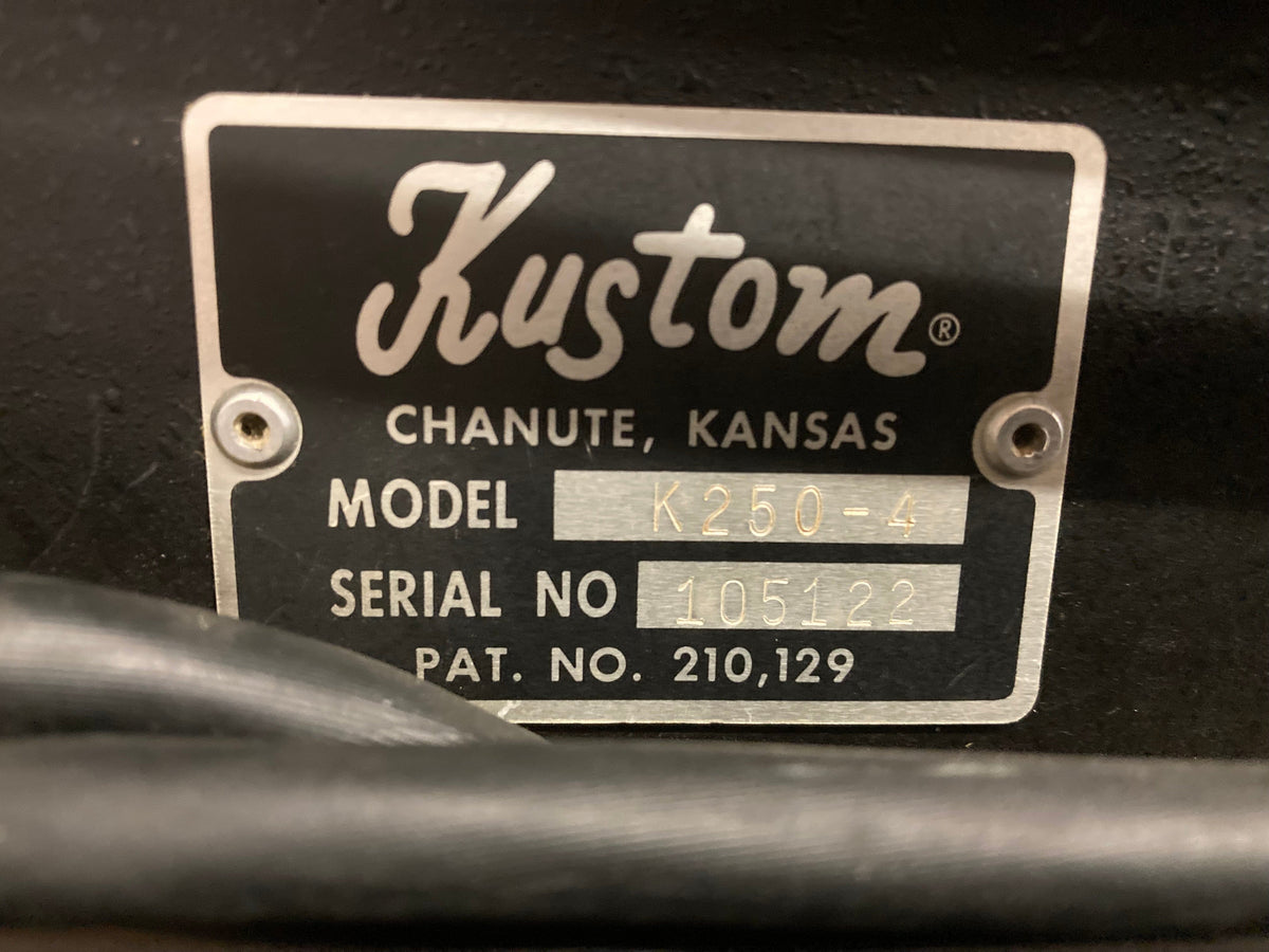 Kustom K250-4 Amp and Speaker Cabinet with gold sparkle tuck and roll design, featuring a stylish black and white label. Ideal for musicians and collectors.