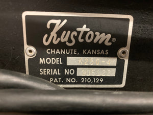 Kustom K250-4 Amp and Speaker Cabinet with gold sparkle tuck and roll design, featuring a stylish black and white label. Ideal for musicians and collectors.