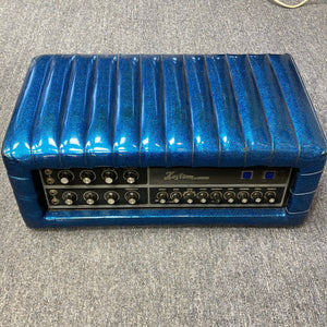 Kustom K250 Amp Head with blue sparkle tuck and roll design, showcasing vintage knobs and solid-state power, perfect for classic sound enthusiasts.