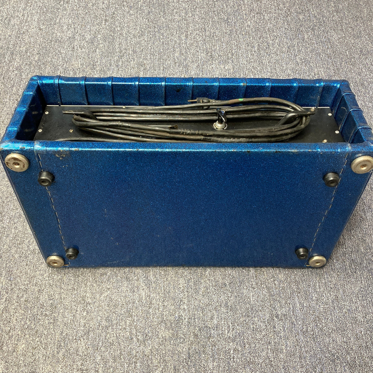 Kustom K250 Amp Head with blue sparkle tuck and roll design, featuring black wires and a classic retro style, ideal for vintage sound enthusiasts.